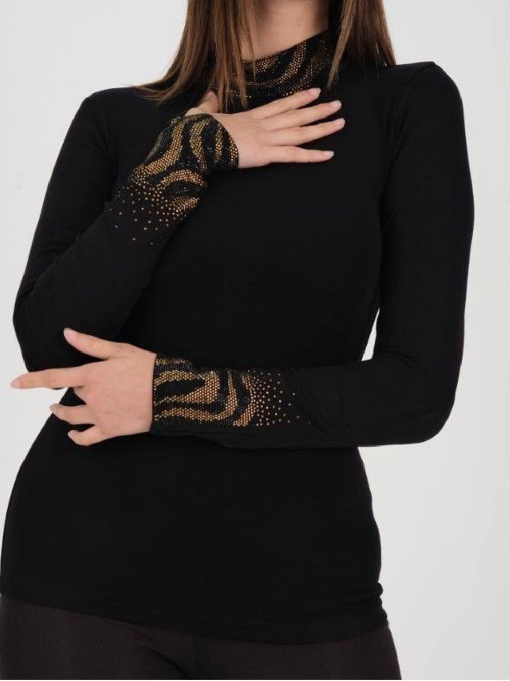 Black Long Sleeve Top with Gold Accent - Women